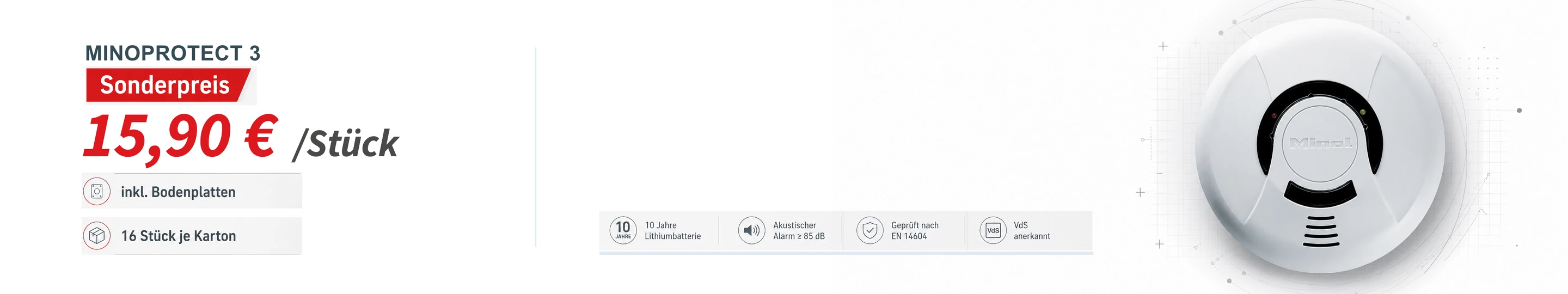 Rauchwarnmelder Minoprotect 3 zum Sonderpreis von 15,90 € pro Stück, 16 Stück je Karton